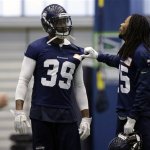 Seattle Seahawks cornerbacks Richard Sherman (25) and Brandon Browner (39) attend NFL football practice on Thursday, Jan. 10, 2013, in Renton, Wash. The Seahawks are scheduled to play the Atlanta Falcons, Sunday, Jan. 13, in an NFC divisional playoff game. (AP Photo/Ted S. Warren)