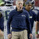 Seattle Seahawks head coach Pete Carroll cheers a touchdown against the Arizona Cardinals during the first half of an NFL football game, Sunday, Jan. 3, 2016, in Glendale, Ariz. (AP Photo/Ross D. Franklin)