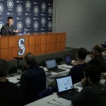 Seattle Mariners general manager Jerry Dipoto talks to reporters Thursday, Jan. 28, 2016 in Seattle during the team's annual briefing before the start of baseball spring training. (AP Photo/Ted S. Warren)