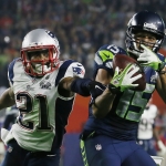 Seattle Seahawks wide receiver Jermaine Kearse (15) catches a pass in front of New England Patriots strong safety Malcolm Butler (21) during the second half of NFL Super Bowl XLIX football game Sunday, Feb. 1, 2015, in Glendale, Ariz. (AP Photo/Matt York)