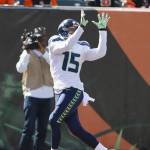 Seattle Seahawks wide receiver Jermaine Kearse catches a touchdown pass in the first half of an NFL football game against the Cincinnati Bengals, Sunday, Oct. 11, 2015, in Cincinnati. (AP Photo/Gary Landers)