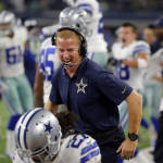 Dallas Cowboys head coach Jason Garrett celebrates after J.J. Wilcox recovered a blocked field goal in the second half of an NFL football game against the Seattle Seahawks, Sunday, Nov. 1, 2015, in Arlington, Texas. (AP Photo/Brandon Wade)