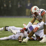 Utah linebacker Gionni Paul, 13, recovers a fumble by Washington fullback Dwayne Washington during the first half of an NCAA college football game, Saturday, Nov. 7, 2015, in Seattle. Paul returned the recovery 54 yards for a touchdown on the play. (AP Photo/Ted S. Warren)