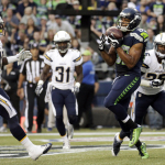 Seattle Seahawks wide receiver Doug Baldwin, second from right, catches a pass in the end zone in the half of a preseason NFL football game against the San Diego Chargers, Friday, Aug. 15, 2014, in Seattle. Baldwin was ruled out of bounds on a review of the play and the play was ruled not a touchdown. (AP Photo/Stephen Brashear)