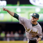 Oakland Athletics starting pitcher Jesse Hahn throws against the Seattle Mariners during the first inning of a baseball game Saturday, May 9, 2015, in Seattle. (AP Photo/Elaine Thompson)