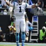 Carolina Panthers quarterback Cam Newton (1) reacts to play against the Seattle Seahawks during the first half of an NFL divisional playoff football game, Sunday, Jan. 17, 2016, in Charlotte, N.C. (AP Photo/Mike McCarn)