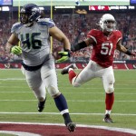 
              Seattle Seahawks fullback Will Tukuafu (46) scores a touchdown as Arizona Cardinals middle linebacker Kevin Minter (51) defends during the first half of an NFL football game, Sunday, Jan. 3, 2016, in Glendale, Ariz. (AP Photo/Ross D. Franklin)
            