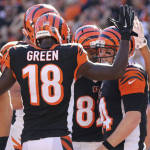Cincinnati Bengals quarterback Andy Dalton, right, celebrates after scoring a touchdown in the second half of an NFL football game against the Seattle Seahawks, Sunday, Oct. 11, 2015, in Cincinnati. The Bengals won 27-24. (AP Photo/Gary Landers)