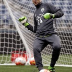 Seattle Sounders goalie Stefan Frei kicks the soccer ball during a training session Monday, Feb. 22, 2016, in Seattle. The Sounders play Club America in the CONCACAF Champions League quarterfinal round on Tuesday. (AP Photo/Elaine Thompson)