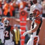 Cincinnati Bengals tight end Tyler Eifert (85) celebrates after a touchdown in the first half of an NFL football game against the Seattle Seahawks, Sunday, Oct. 11, 2015, in Cincinnati. (AP Photo/Gary Landers)