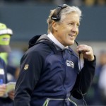 Seattle Seahawks head coach Pete Carroll smiles on the sideline in the second half of an NFL football game against the Cleveland Browns, Sunday, Dec. 20, 2015, in Seattle. The Seahawks defeated the Browns 30-13. (AP Photo/Ted S. Warren)