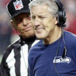 Seattle Seahawks head coach Pete Carroll reacts to a call during the first half of an NFL football game against the hArizona Cardinals, Sunday, Jan. 3, 2016, in Glendale, Ariz. (AP Photo/Ross D. Franklin)