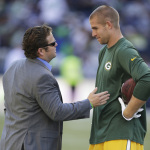 Green Bay Packers wide receiver Jordy Nelson, right, talks with Seattle Seahawks general manager John Schneider before an NFL football game, Thursday, Sept. 4, 2014, in Seattle. (AP Photo/Stephen Brashear)