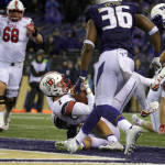 Utah quarterback Travis Wilson (7) falls into the end zone for a touchdown on a keeper play against Washington during the second half of an NCAA college football game, Saturday, Nov. 7, 2015, in Seattle. Utah defeated Washington 34-23. (AP Photo/Ted S. Warren)