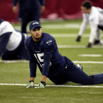 Seattle Seahawks' Jermaine Kearse stretches during a team practice for NFL Super Bowl XLIX football game, Friday, Jan. 30, 2015, in Tempe, Ariz. The Seahawks play the New England Patriots in Super Bowl XLIX on Sunday, Feb. 1, 2015. (AP Photo/Matt York)