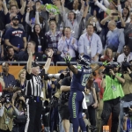 Seattle Seahawks wide receiver Chris Matthews (13) celebrates a touchdown during the first half of NFL Super Bowl XLIX football game against the New England Patriots Sunday, Feb. 1, 2015, in Glendale, Ariz. (AP Photo/Ben Margot)