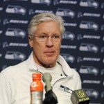 Seattle Seahawks head coach Pete Carroll speaks to the media during a news conference after the second half of an NFL divisional playoff football game against the Carolina Panthers, Sunday, Jan. 17, 2016, in Charlotte, N.C. The Panthers won 31-24. (AP Photo/Mike McCarn)