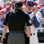 Texas Rangers manager Jeff Banister, right, argues a call with umpire Jim Joyce during the first inning of a baseball game against the Seattle Mariners, Monday, April 4, 2016, in Arlington, Texas. (AP Photo/Brandon Wade)