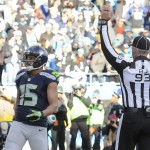 Seattle Seahawks wide receiver Jermaine Kearse (15) celebrates his touchdown against the Carolina Panthers during the second half of an NFL divisional playoff football game, Sunday, Jan. 17, 2016, in Charlotte, N.C. (AP Photo/Mike McCarn)