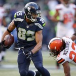Seattle Seahawks' Doug Baldwin runs with the ball after a pass reception as Cleveland Browns' Tramon Williams falls behind in the second half of an NFL football game, Sunday, Dec. 20, 2015, in Seattle. (AP Photo/Scott Eklund)