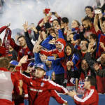 FC Dallas fans celebrate after their team won 4-2 on penalty kicks during the shootout period of an MLS soccer western conference semifinal playoff match Sunday, Nov. 8, 2015, in Frisco, Texas. (AP Photo/Brad Loper)